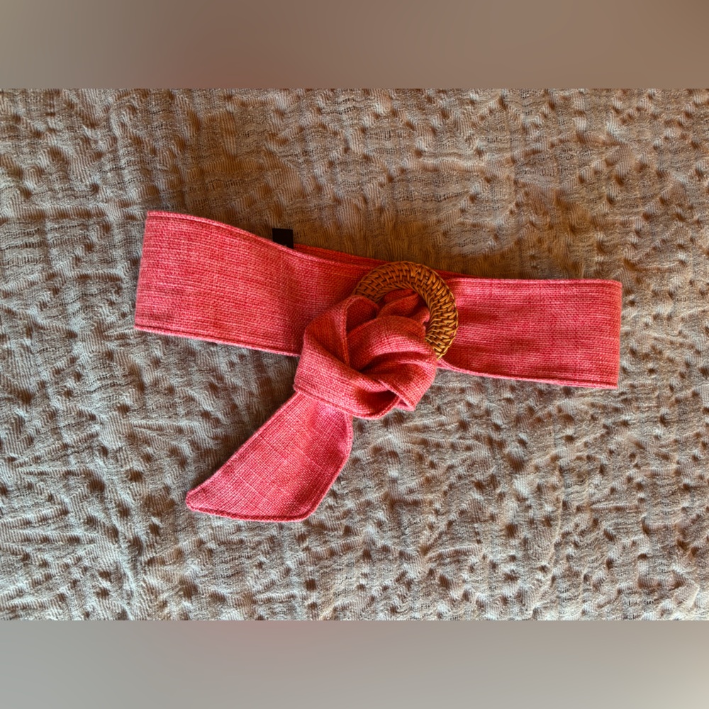 Anthropologie Pink Woven Fabric Belt with Rattan Buckle
